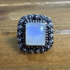 Vintage Rainbow Moonstone Gemstone Ring Size 9 Silver 925 Plated Statement Boho